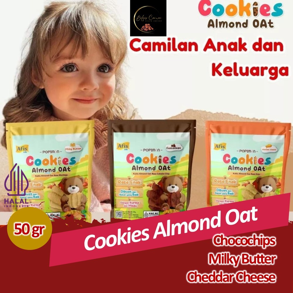 

Afis Popimon Cookies Almond Oat Kukis Almond Oat Rasa Cheddar Cheese ChocoChips and Milky Butter 50 Gram