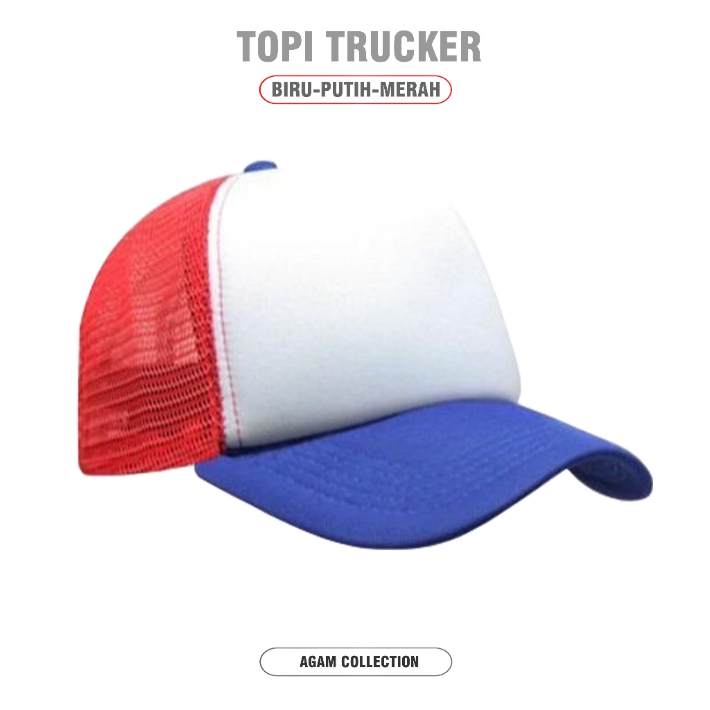 Agam Collection - Topi Trucker Polos Biru-Putih-Merah Topi Jaring Dewasa Unisex