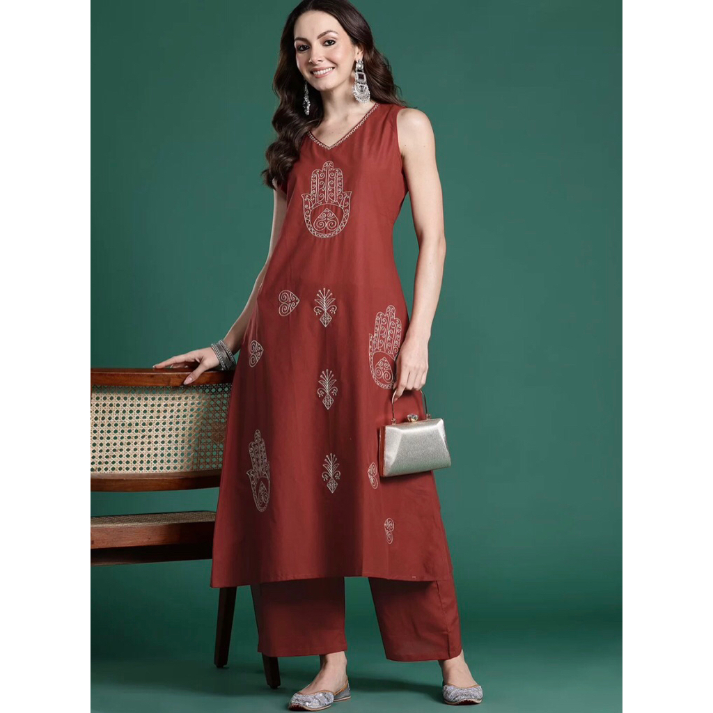 Kurta Katun Murni Bordir Motif Etnik dengan Palazzo