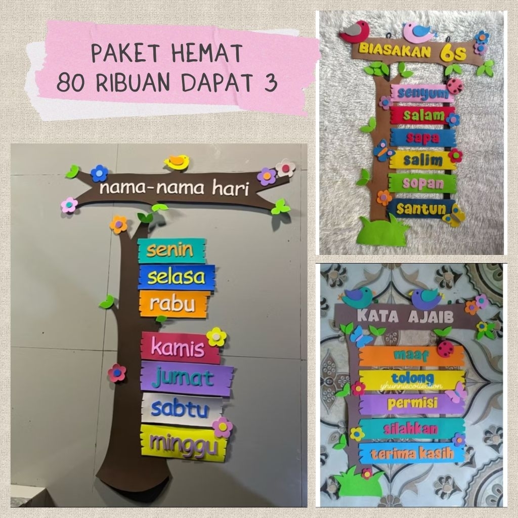 PAKET HEMAT 80 RIBUAN DAPAT 3 HIASAN KELAS PAUD TK SD ( NAMA NAMA HARI, BIASAKAN 6S, KATA AJAIB)