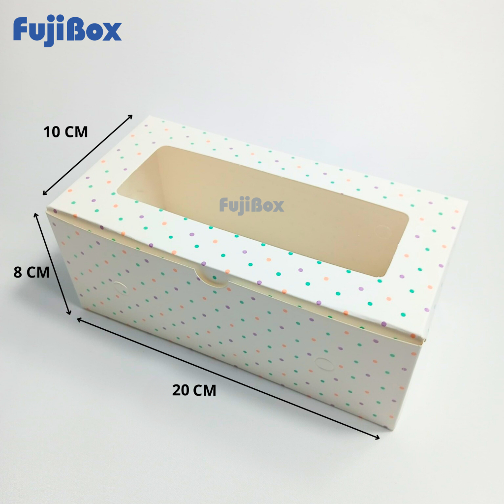 

( 10 Pcs ) Fuji Box Dus Kotak Kue Cake Brownies Pie Ivory Motif Polkadot Warna Warni 10 cm x 20 cm x 8 cm Putih Ivory Premium Jendela