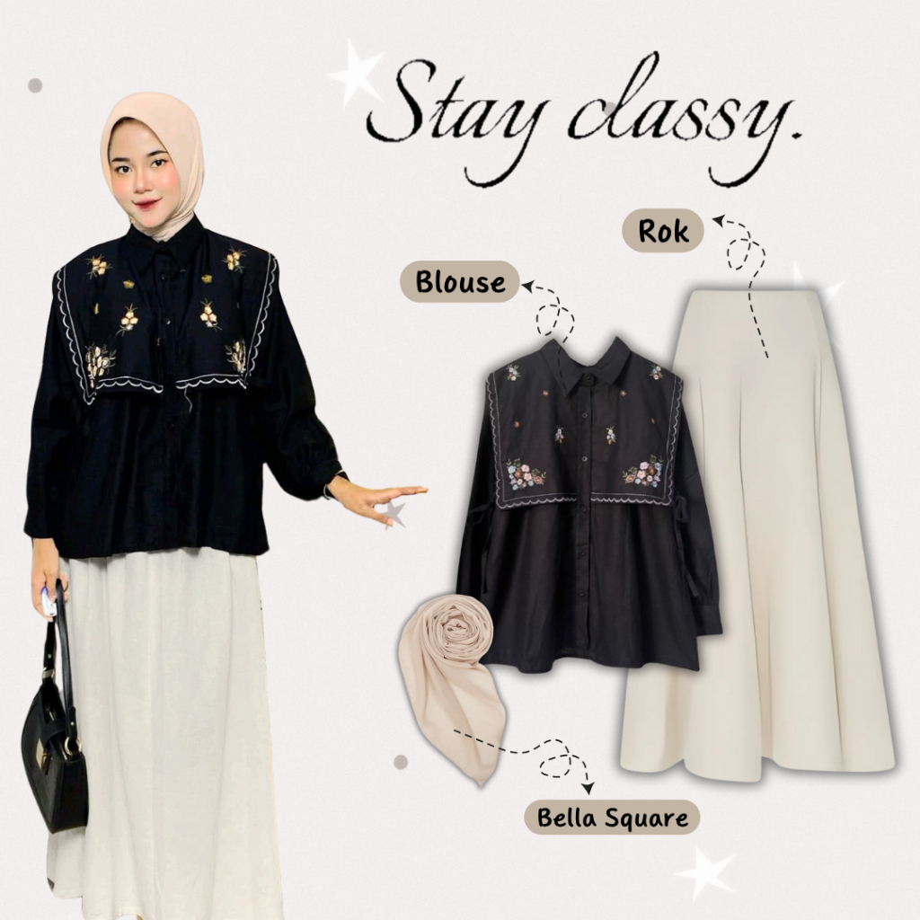 Setelan Baju Remaja 3in1 Kekinian / Blouse Katun + Rok Hyget + Hijab Bella Square / Outfit Hijab Fem