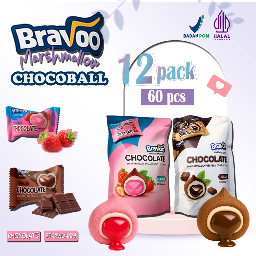 

NEW! BRAVOO CHOCO BALL MARSHMELLOW 12 PACK ISI 60PCS HALAL BPOM MARSHMELLOW ISI SLAY STROBERRY DAN CHOKLAT PREMIUM JAJANAN SD MURAH HARGA GROSIR
