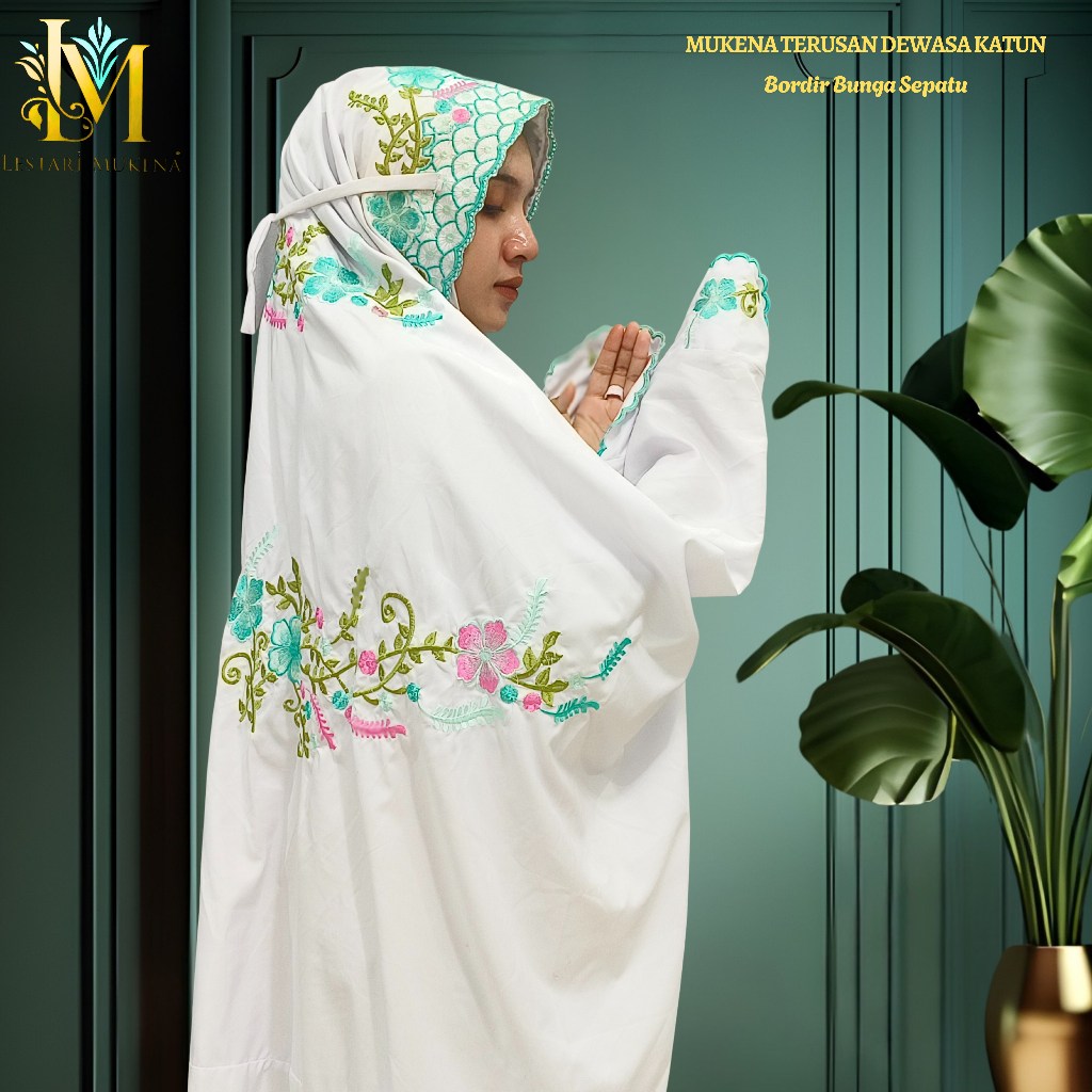 Mukena Terusan Dewasa Katun Polino Motif Bordir Bunga Sepatu Indah