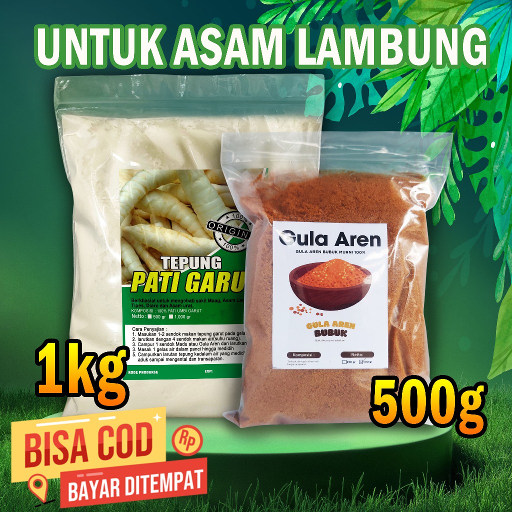 

TEPUNG GARUT UNTUK ASAM LAMBUNG 1kg + Gula Aren Bubuk 500g 100% ALAMI TANPA CAMPURAN