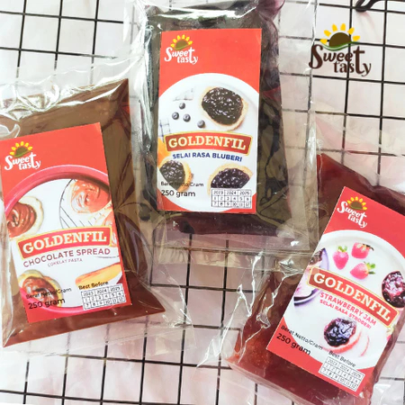 

Goldenfil Selai Rasa Strawberry / Blueberry / Coklat Kemasan Repack 250 Gram