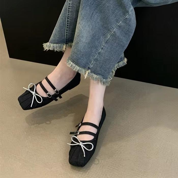 Sepatu Flatshoes Wanita ADK Shoes Nova Denim Hitam Ballet dengan Alas Karet dan Pita