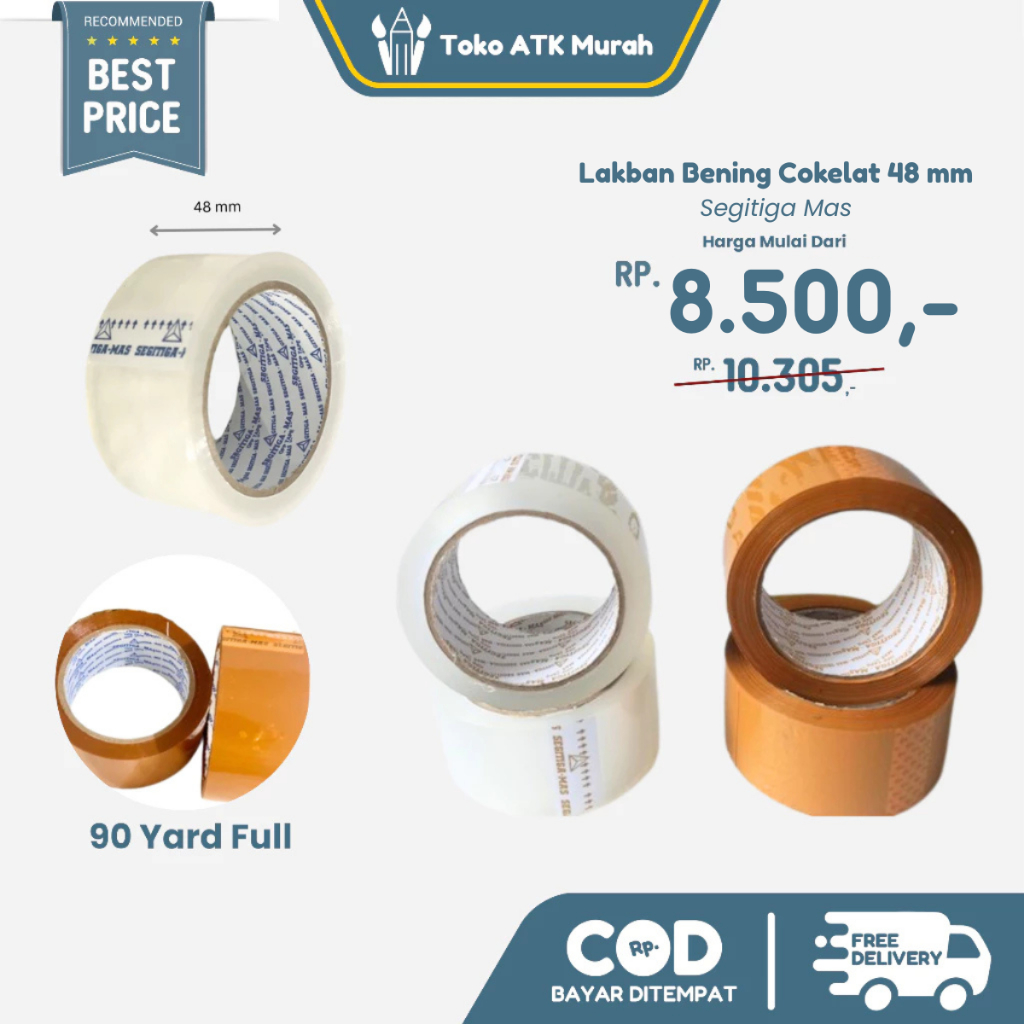 

OPP Lakban Bening / Coklat 2" Segitiga Mas -Perekat Kuat & Anti Sobek Untuk Packing Kardus ( 48 mm )