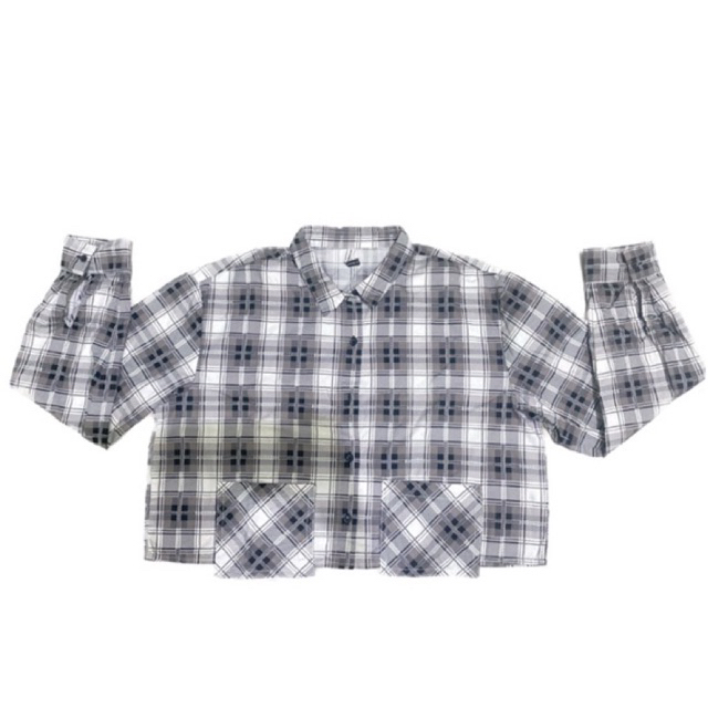 kemeja crop kotak hitam putih colorbox