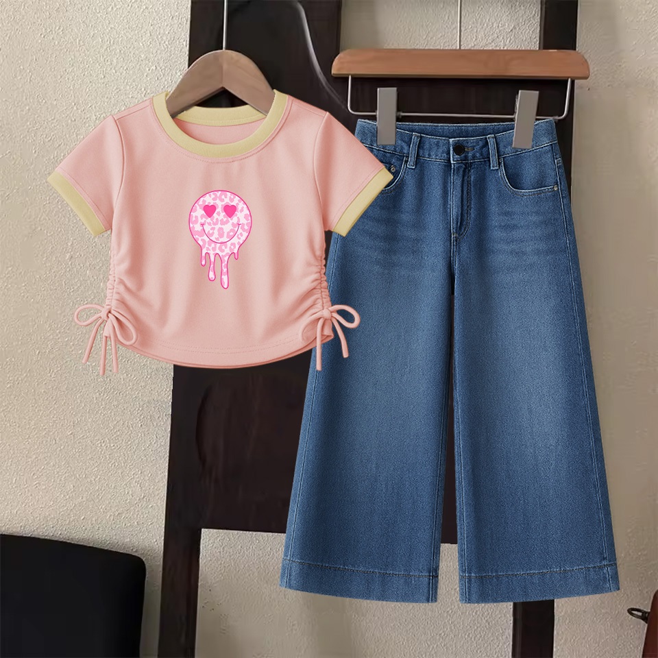 One Set Anak Cewek Baju Crop Smiley Love Celana Kulot jeans Anak Perempuan Usia 11 - 12 Tahun