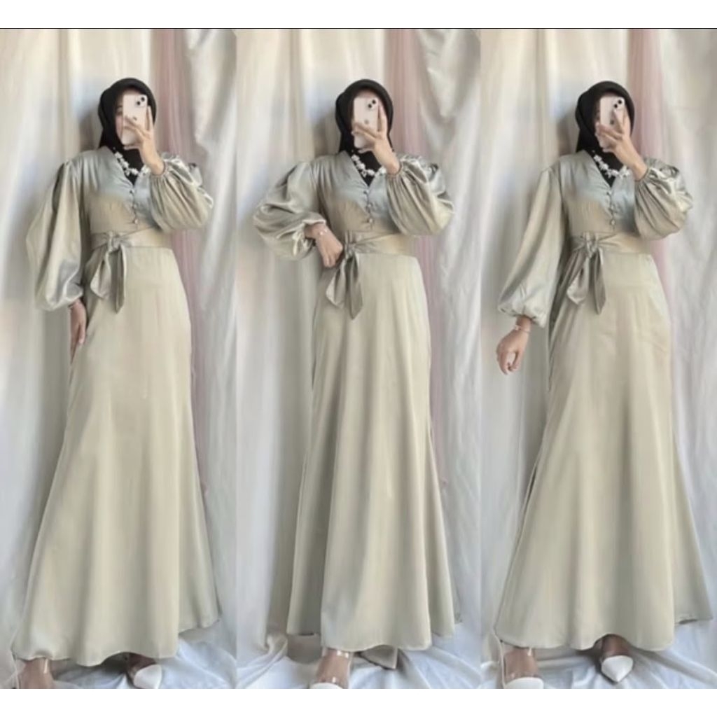 Dress Satin Silk Warna Sage