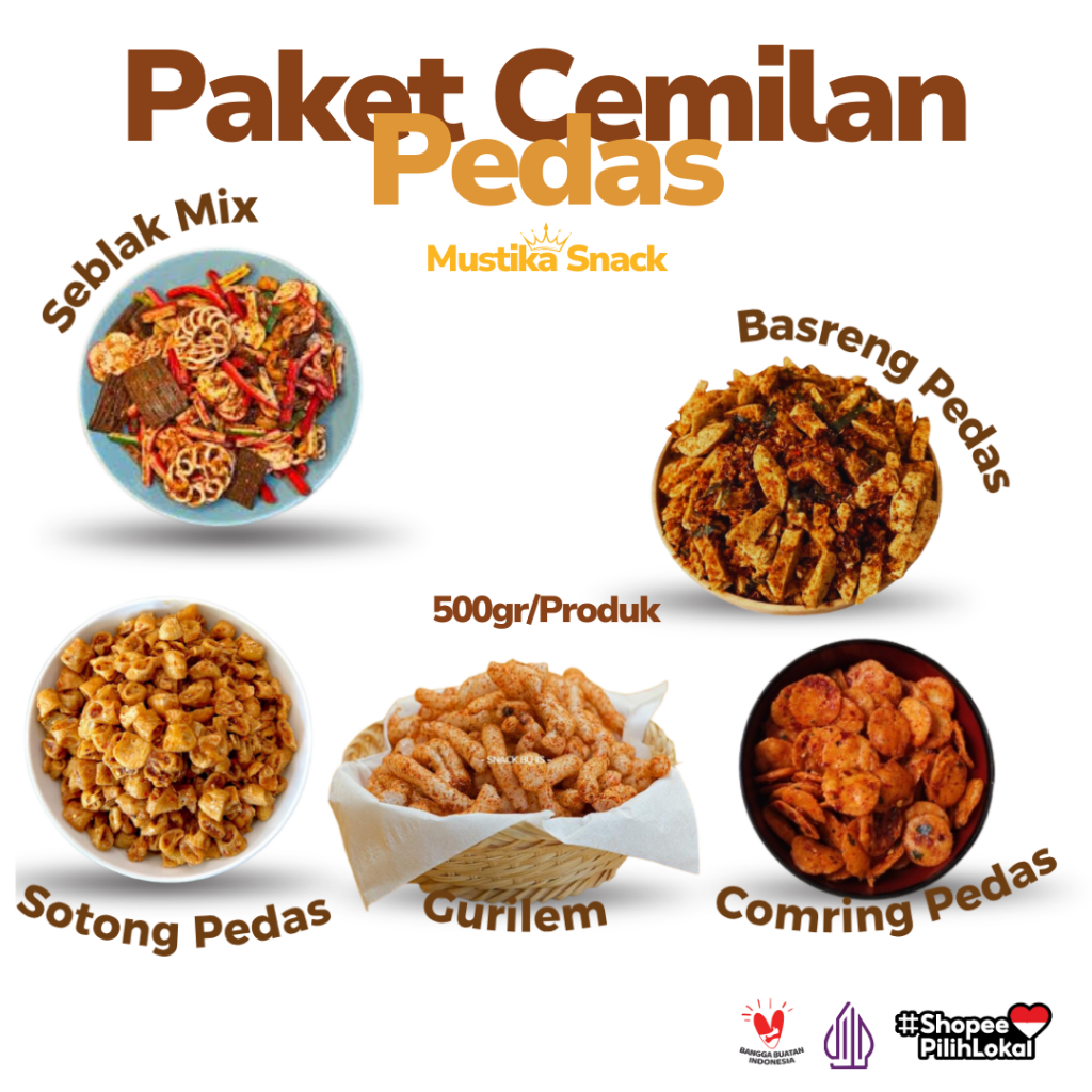 

Paket Cemilan Pedas Dapat 5 Isi 500gr/Produk Seblak Mix Basreng Stik Sotong Comring Pedas Gurilem
