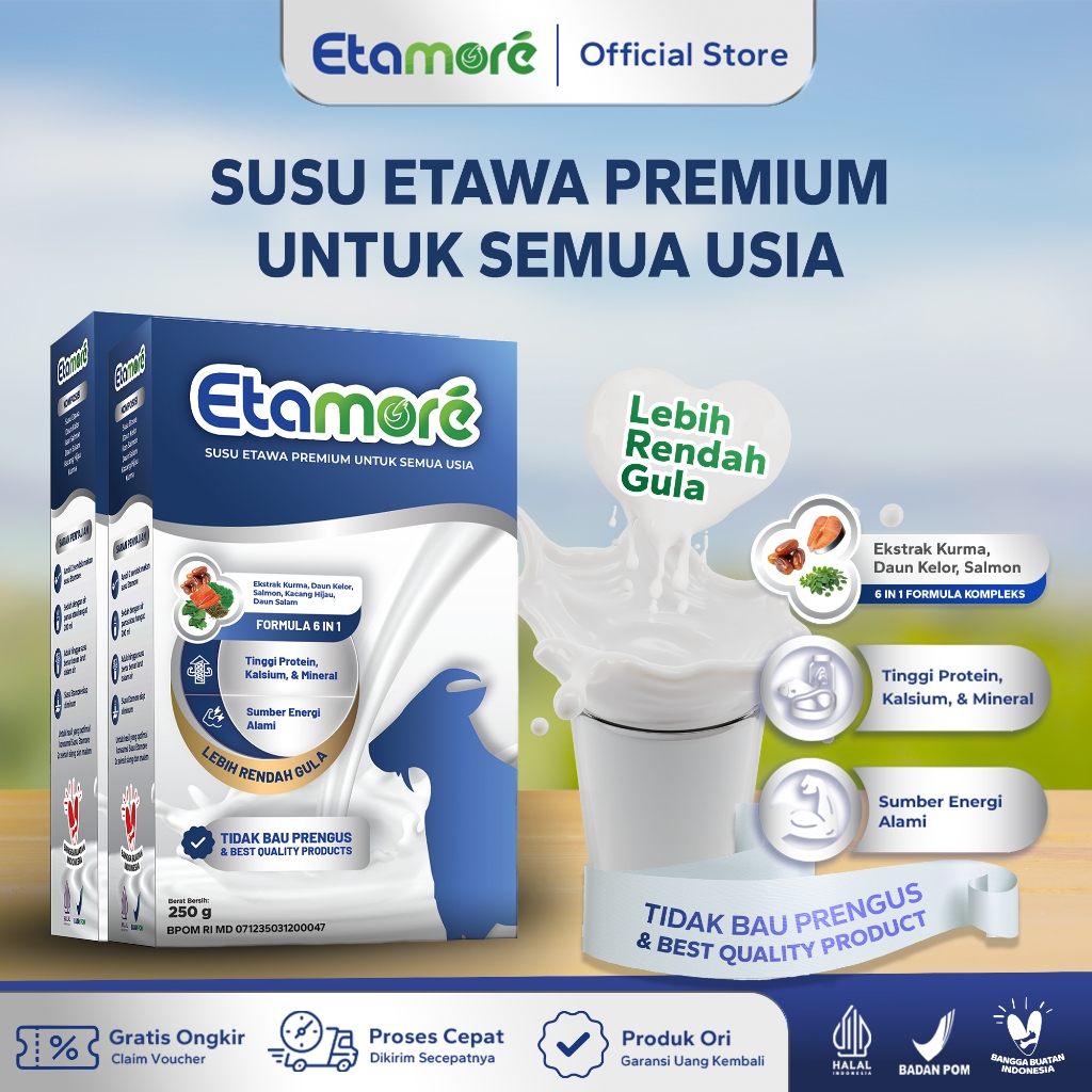 

Etamore Susu Kambing Etawa Premium - Etawa Goat Milk Alami Mengandung Daun Kelor Salmon Kurma Rendah Gula Mengatasi Asam Urat Nyeri Sendi Pegal Linu dan Pernafasan