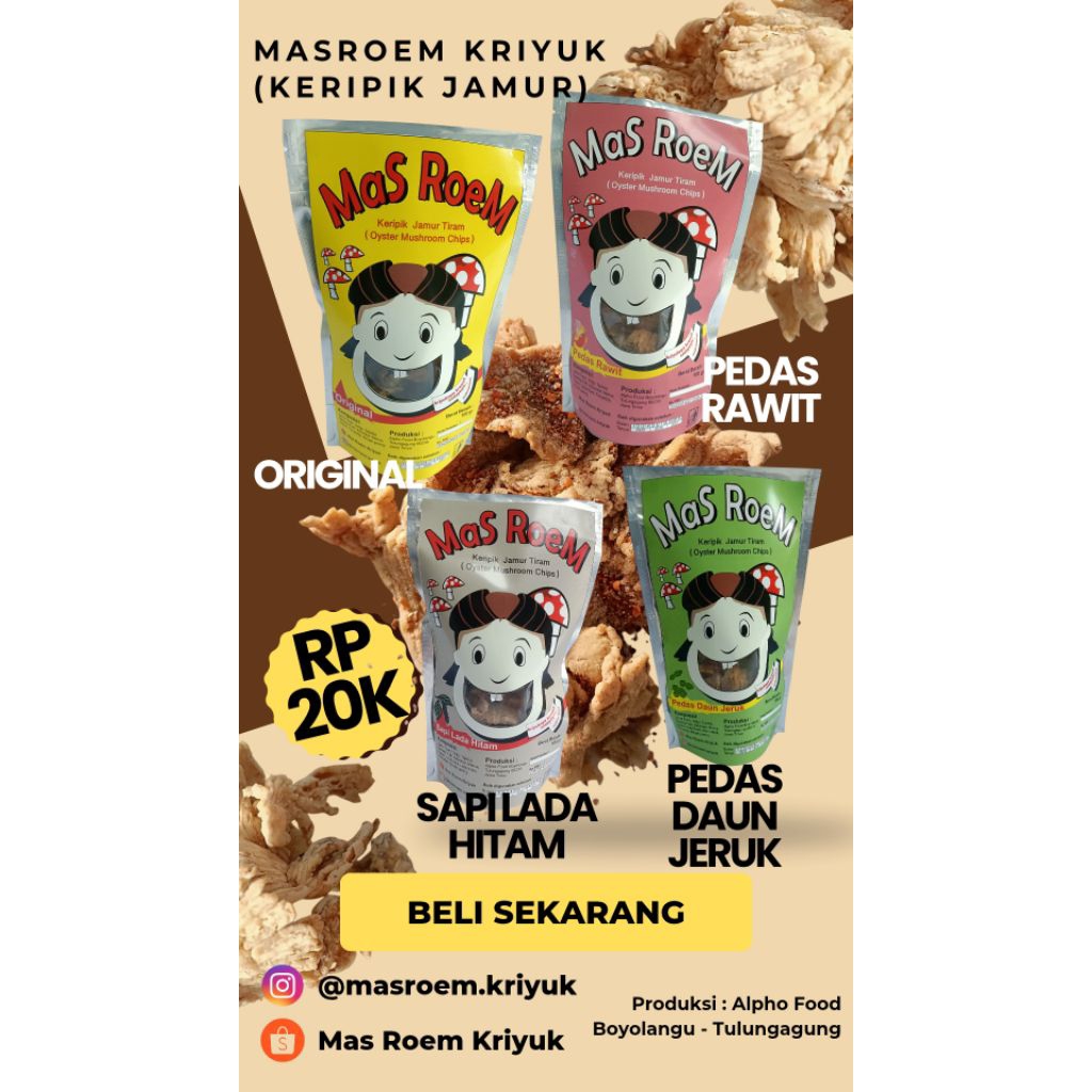 

Mas Roem Keripik Jamur Crispy Jamur Kriyuk 100 gram kemasan Standing Pouch