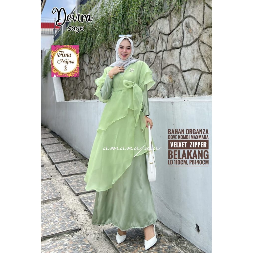 Devira Dress Pesta Muslimah Bahan Organza, Long Dress Wanita Elegan Modern