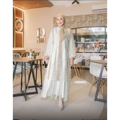 Gamis Kondangan Babydoll Adeena Dress CB Bahan Ceruty Mix Brukat Renda Warna Lavender Navy  White Oc