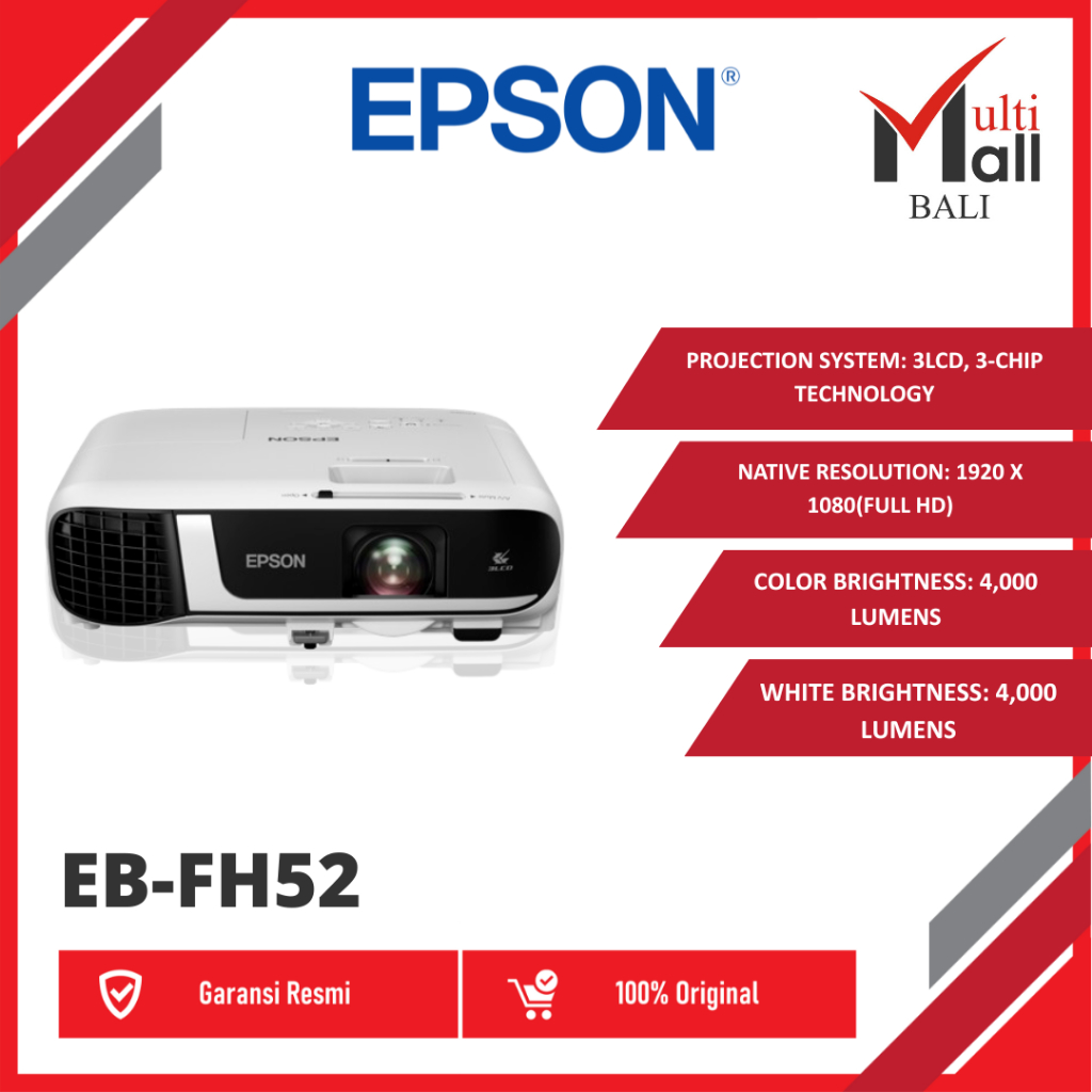 EPSON PROJECTOR EB-FH52 EB FH52 EBFH52 4000 LUMENS FULL HD 3LCD