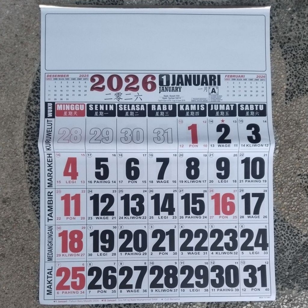 

kalender jumbo 2026 ukuran 50 x 64 cm