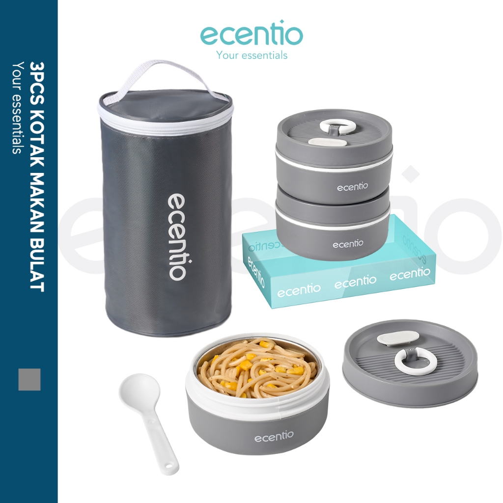 PREMIUM [Jepang Round Stainless Lunch Box Seri] ecentio Lunch Box Set 3pcs Rantang Susun Lunch Box