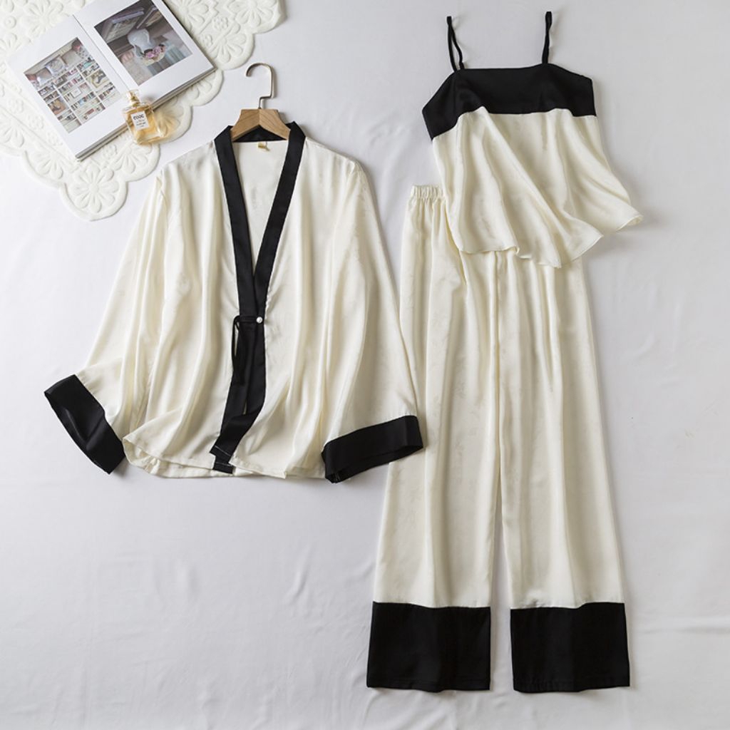 Piyama Wanita 3in1 Set  Premium Motif Embos Bunga Elegan