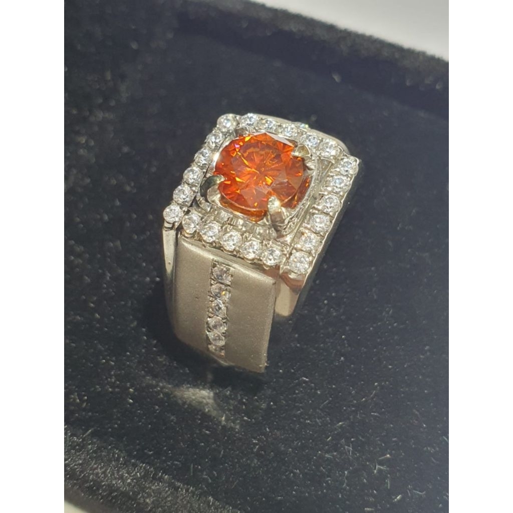 Cincin Perak Cincin Pria Permata Moissanite Silver Ring Orange Moissanite