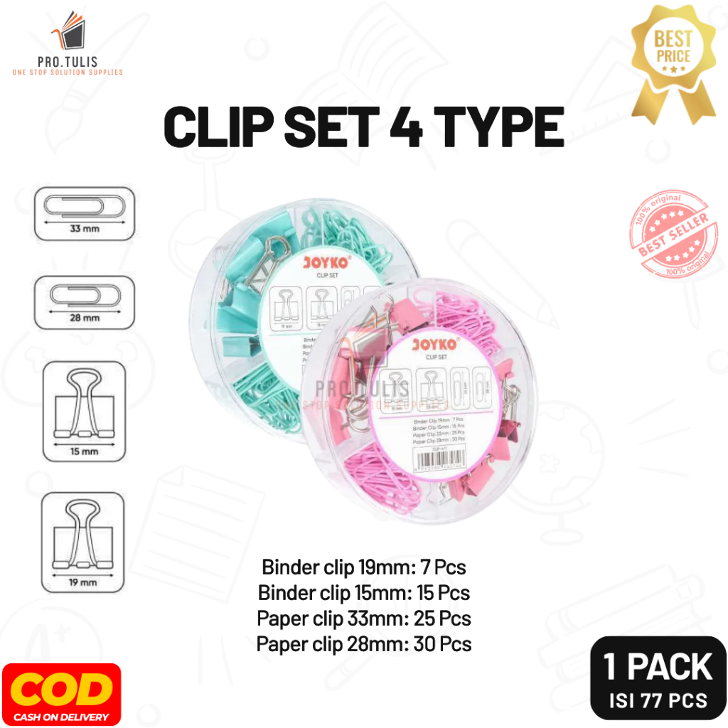 

Joyko Clip Set 4 Tipe Lengkap – 77 PCS Binder Clip & Klip Penjepit Kertas