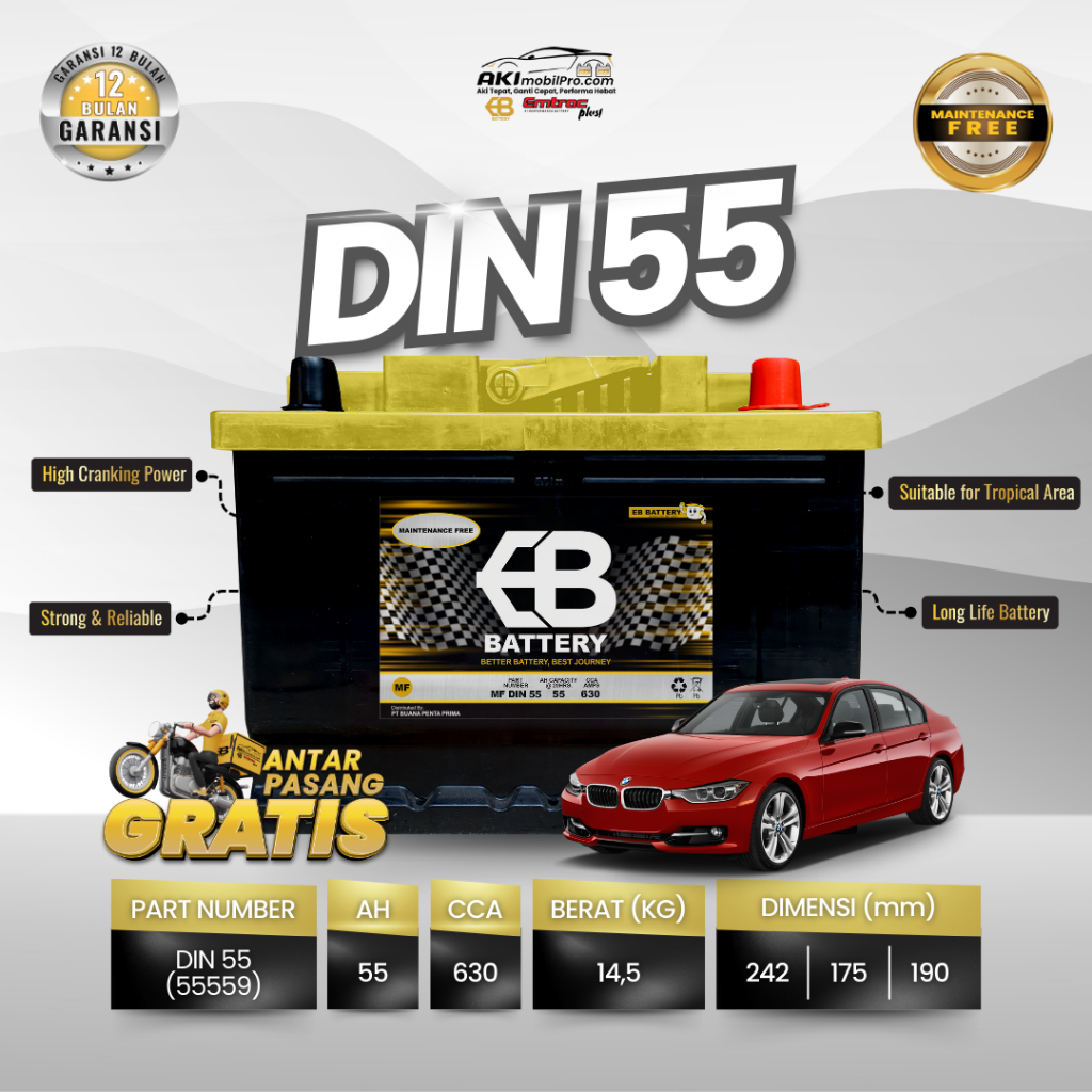 Aki Mobil Volkswagen Polo, New Golf | EB BATTERY DIN 55 (55559) 55Ah CCA 630Amps Kering Bergaransi