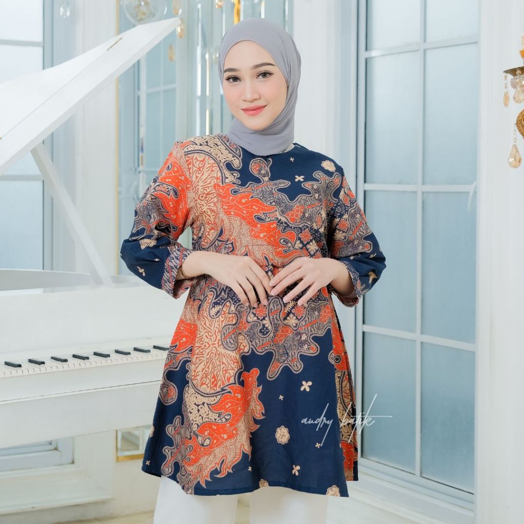 Audry Batik - Luna - Blouse Batik Kerja Wanita Panjang Hijab Modern Motif Batik Seragenan Pink Navy