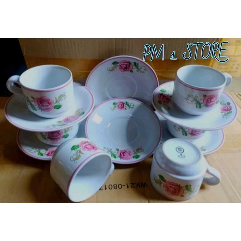 Set cangkir dan Tatakan bahan Keramik Motif Bunga/ 6 Gelas dan 6 Tatakan Gelas Teh Kopi motif bunga