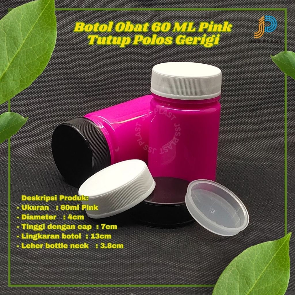 Botol Obat Kapsul 60ML Pink Tutup Putih Gerigi + Inner