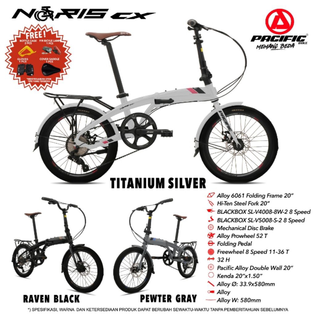 SEPEDA LIPAT 20 INCH PACIFIC NORIS CX FRAME ALLOY 8 SPEED BONUS SARUNG TANGAN, BOTTLE CAGE, COVER SA