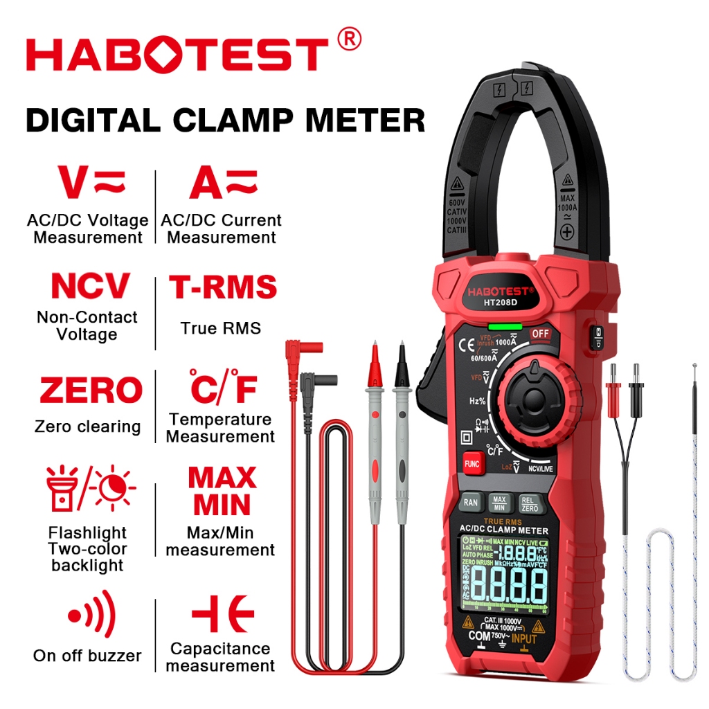 HABOTEST HT208 Meteran Klem Digital 1000V/1000A AC/DC True-RMS NCV VFD Multimeter Kabel Meteran Arus