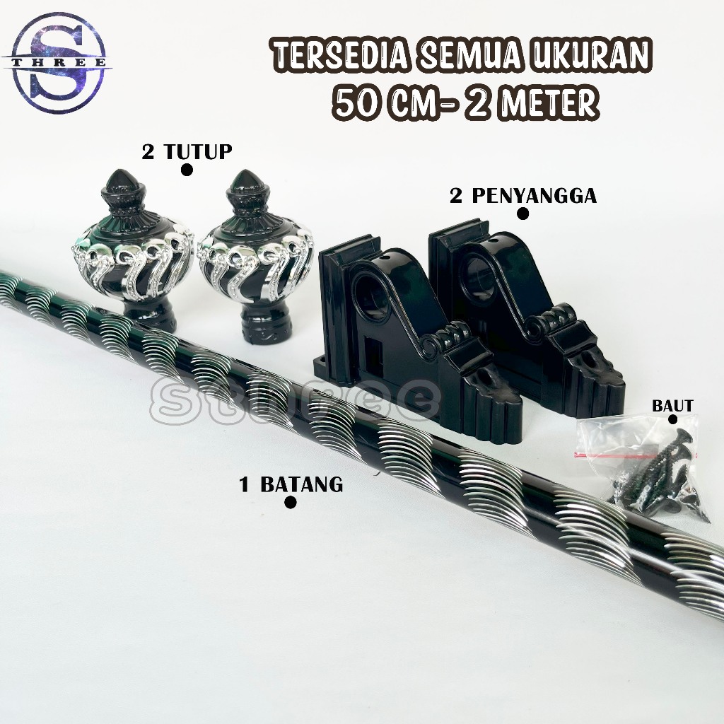 Batang Besi Gorden Full Set Ukuran 50cm - 3 Meter Model Mutiara Premium Rail / Rollet / Rel / Rell /