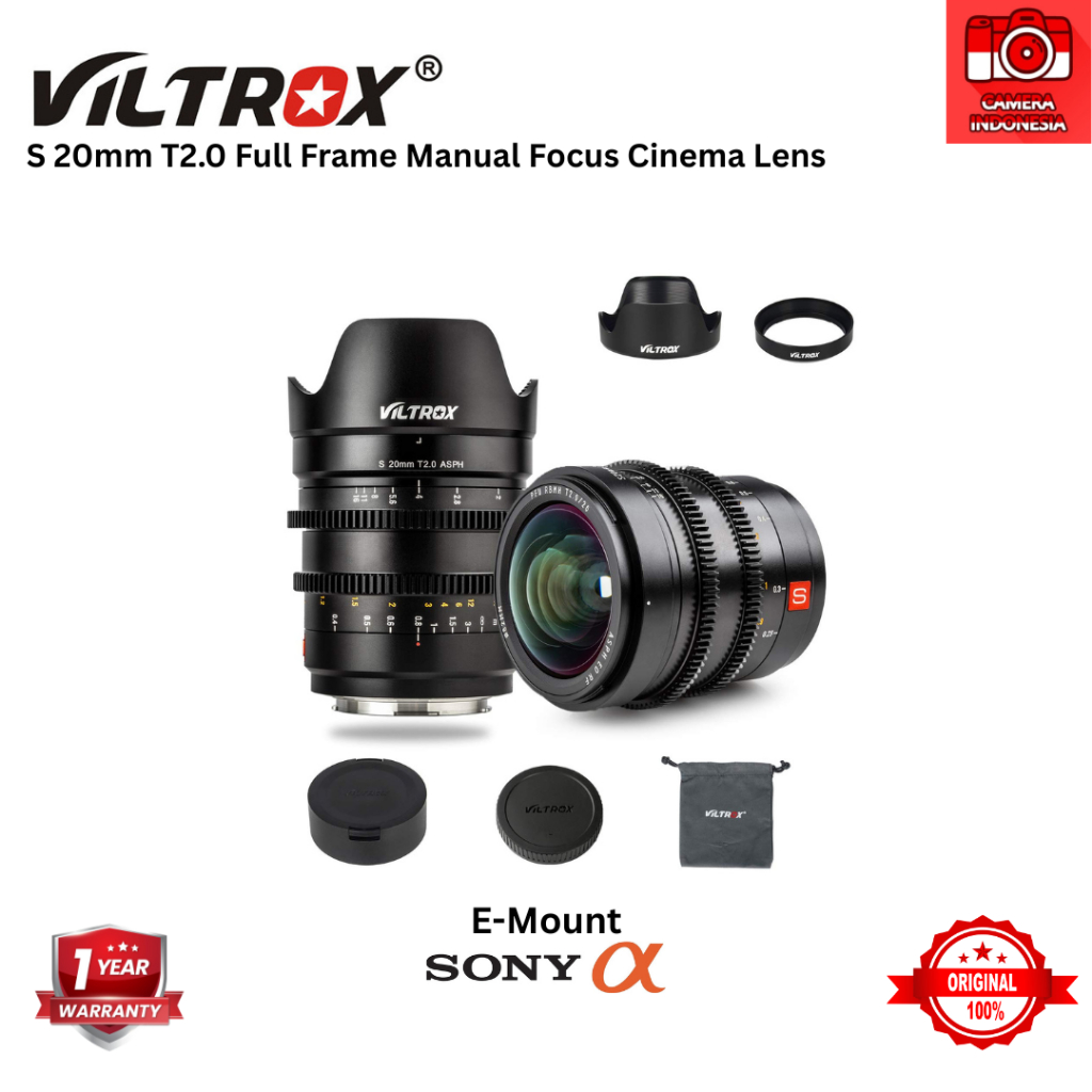 Viltrox S 20mm T2.0 Full Frame Wide Angle Manual Focus Cinema Lens for E-Mount Sony Camera Lensa Kam