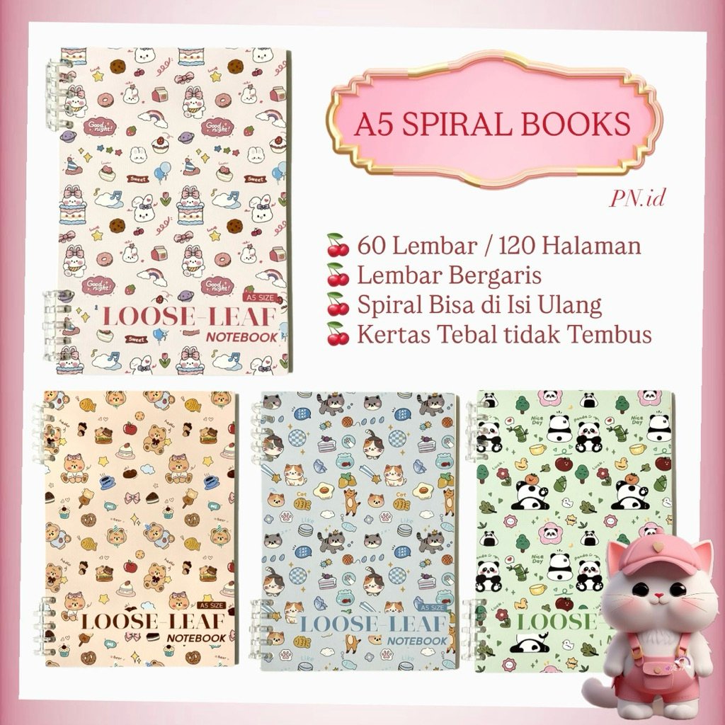 

Binder Note A5 Buku Catatan Buku Tulis Study Journal Spiral Ring Refillable Notebook Aesthetic motif Cat Rabbit Panda Bear