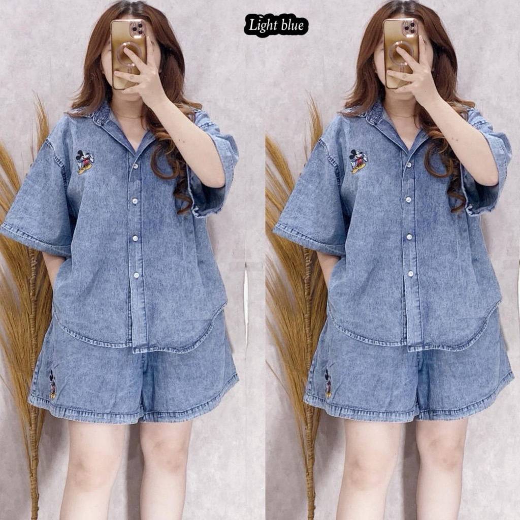 00626 SETELAN HP KEMEJA JEANS BORDIR MICKEY LD124 WANITA|SETELAN CELANA PENDEK WANITA