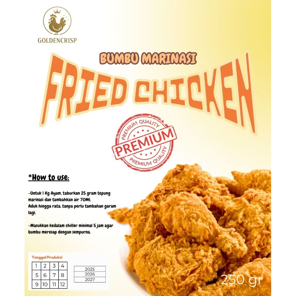 

(SAMPLE) Tepung Marinasi Ayam Goreng Crispy GOLDENCRISP 50 Gram | Dari Bahan Premium | Bumbu Meresap & Renyah | Rasa Bintang 5 | Kemasan Sample 50 Gram