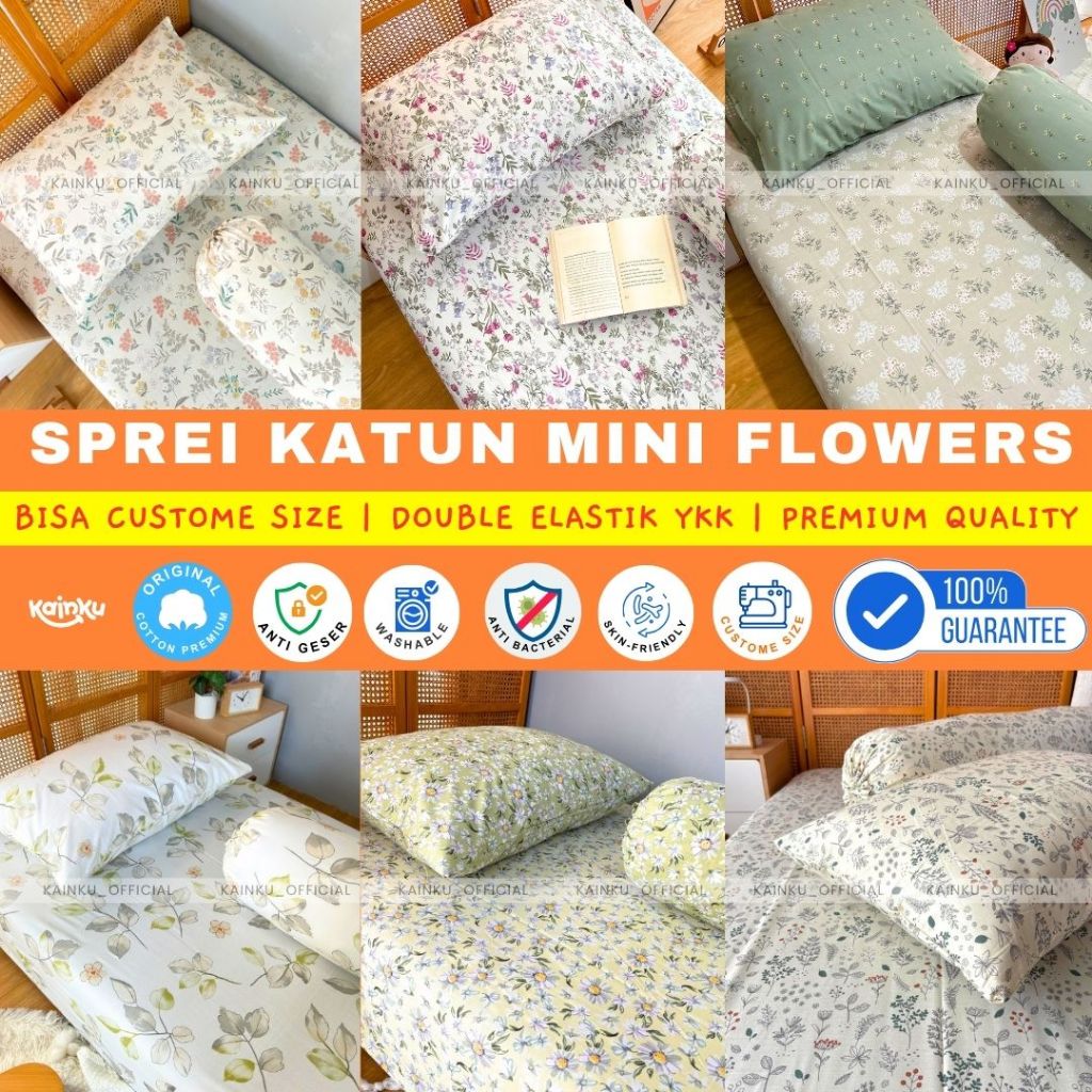 Sprei Bunga Kecil Shabbychic dan Aesthetic Katun Adem Anti Geser Bisa Custome Ukuran