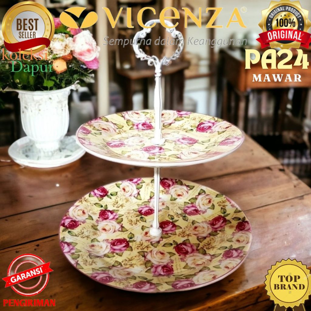 Piring Susun Vicenza Pa24 mawar piring Vicenza tipe piring saji porselen motif mawar Double Plate po
