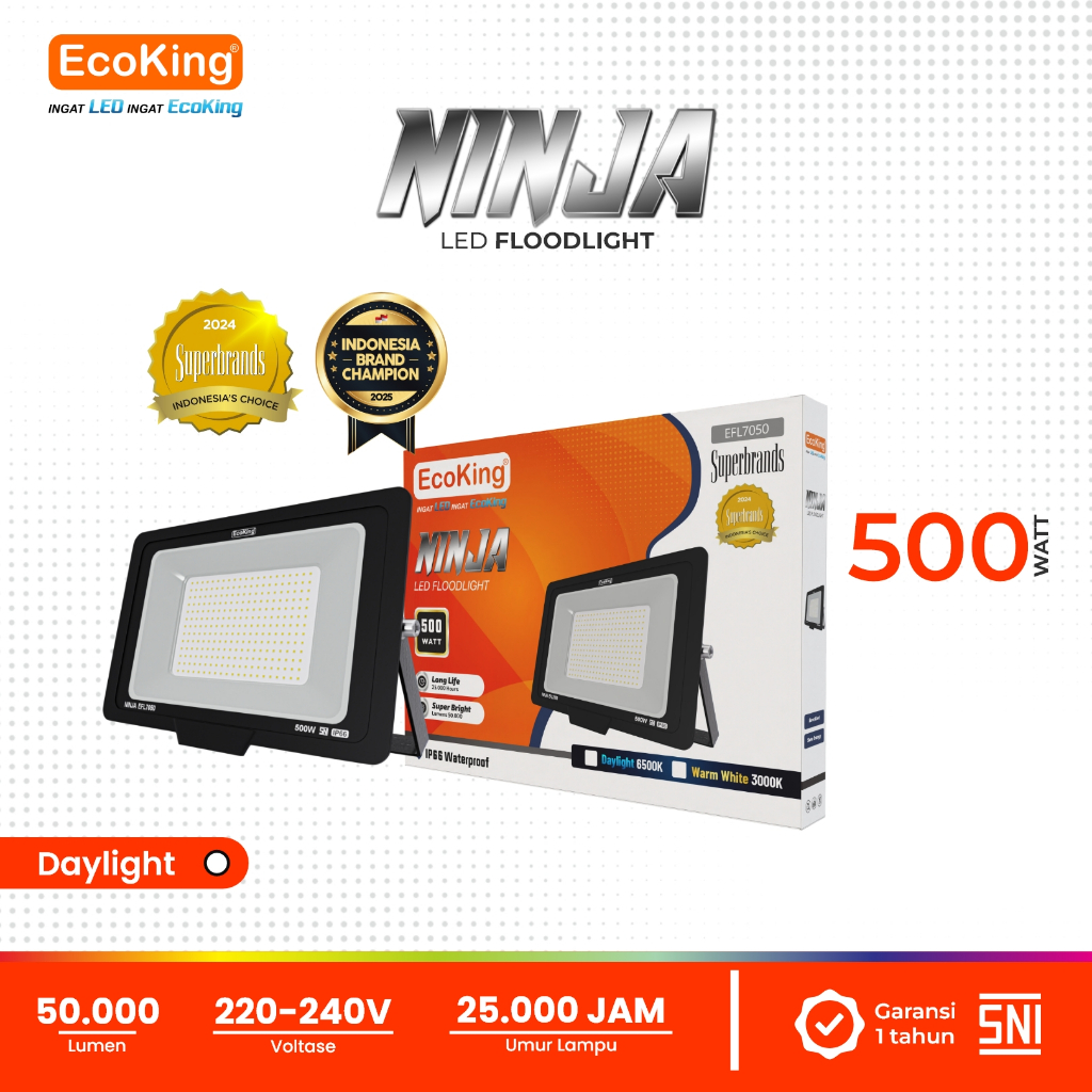 EcoKing Lampu Sorot LED Flood Light Ninja 500W Cahaya Putih (NINJA-EFL7050DL)