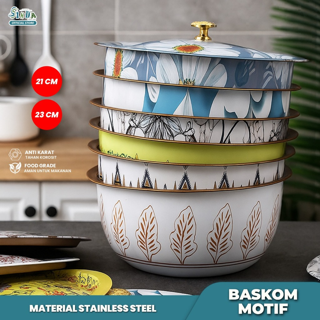 Sinda Baskom + Tutup Enamel Bunga 21-23CM Baskom Motif Cantik Murah