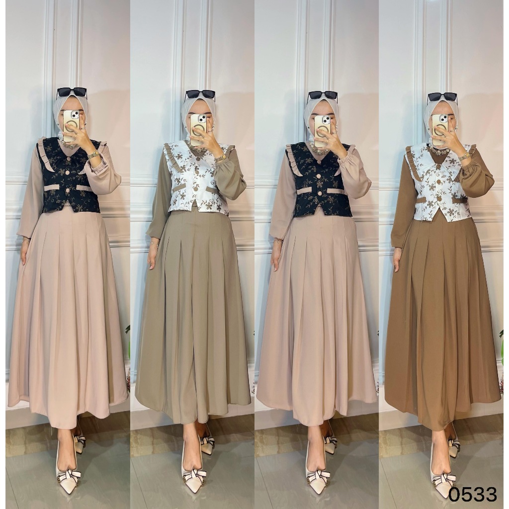 SET ROK ERICA 3in1 SETELAN ROMPI BLOUSE DAN ROK WANITA MUSLIM 4 WARNA