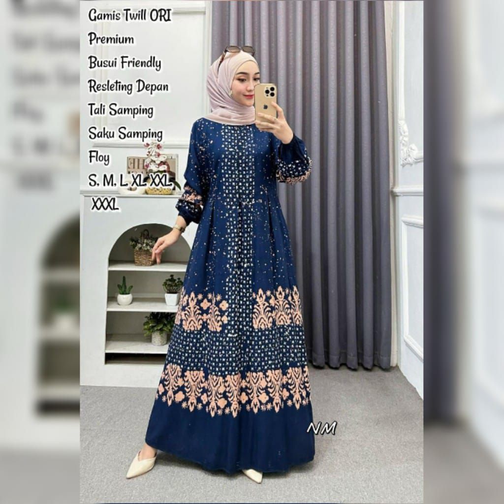 Gamis Twill ORI Premium Kancing Depan Resleting Depan / Gamis Twill ORI Bahan Adem Motif Terbaru