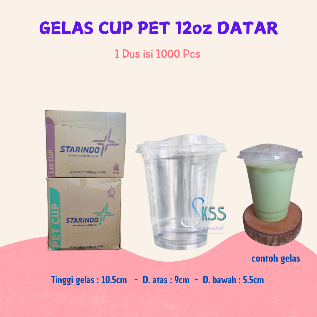 1 Dus Gelas Cup PET 12oz Datar Starindo l Tutup Gelas Plastik Strawless