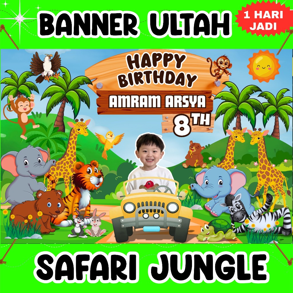 BANNER ULANG TAHUN KEBUN BINATANG/ZOO/ANIMAL/SAFARI SPANDUK BIRTHDAY COSTUM PERLENGKAPAN PESTA ULTAH