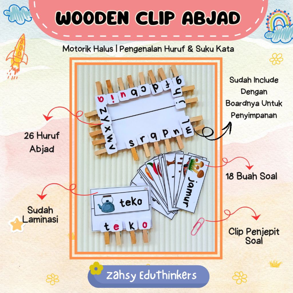 Wooden Clip Alphabet Abjad Montessori Penjepit Kayu Huruf Abjad Mainan Edukasi Anak Belajar Membaca 