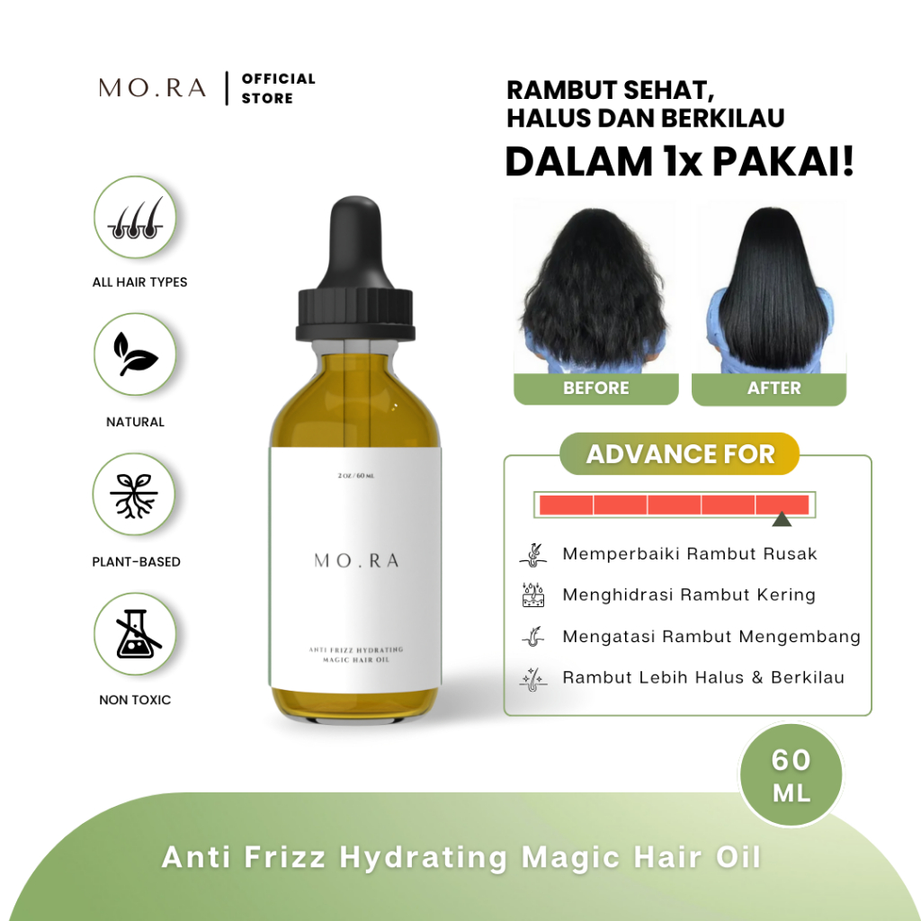 (MO.RA / MORA) ANTI FRIZZ HYDRATING MAGIC HAIR OIL 60 ML / VEGAN HAIR OIL/ RAMBUT RUSAK / RAMBUT KER
