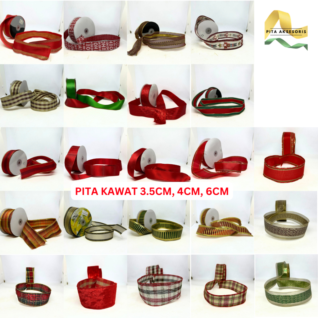 

(1 ROLL) Pita Kawat Tartan Gold Warna Merah Salur Kain Taiwan Premium Ornament Hampers Kue Hiasan Undangan Pita Kado Bouquet Bunga