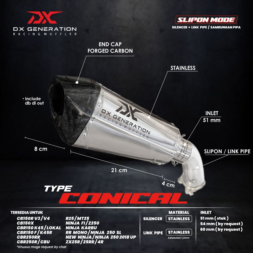 Knalpot DX Generation Conical Endcap Carbon Slip On CBR 250RR All New Ninja R25 MT25 Ninja FI ZX25R