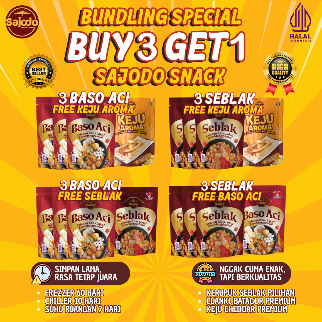 

BELI 3 GRATIS 1 (Seblak, Boci,Keju Aroma, Keripik Kaca) - Sajodo Snack & Food